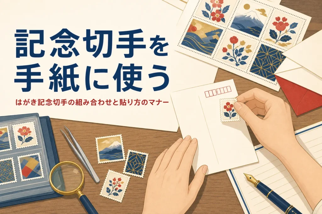 はがきや手紙に記念切手を使う時の組み合わせと貼り方を紹介する記事のアイキャッチ