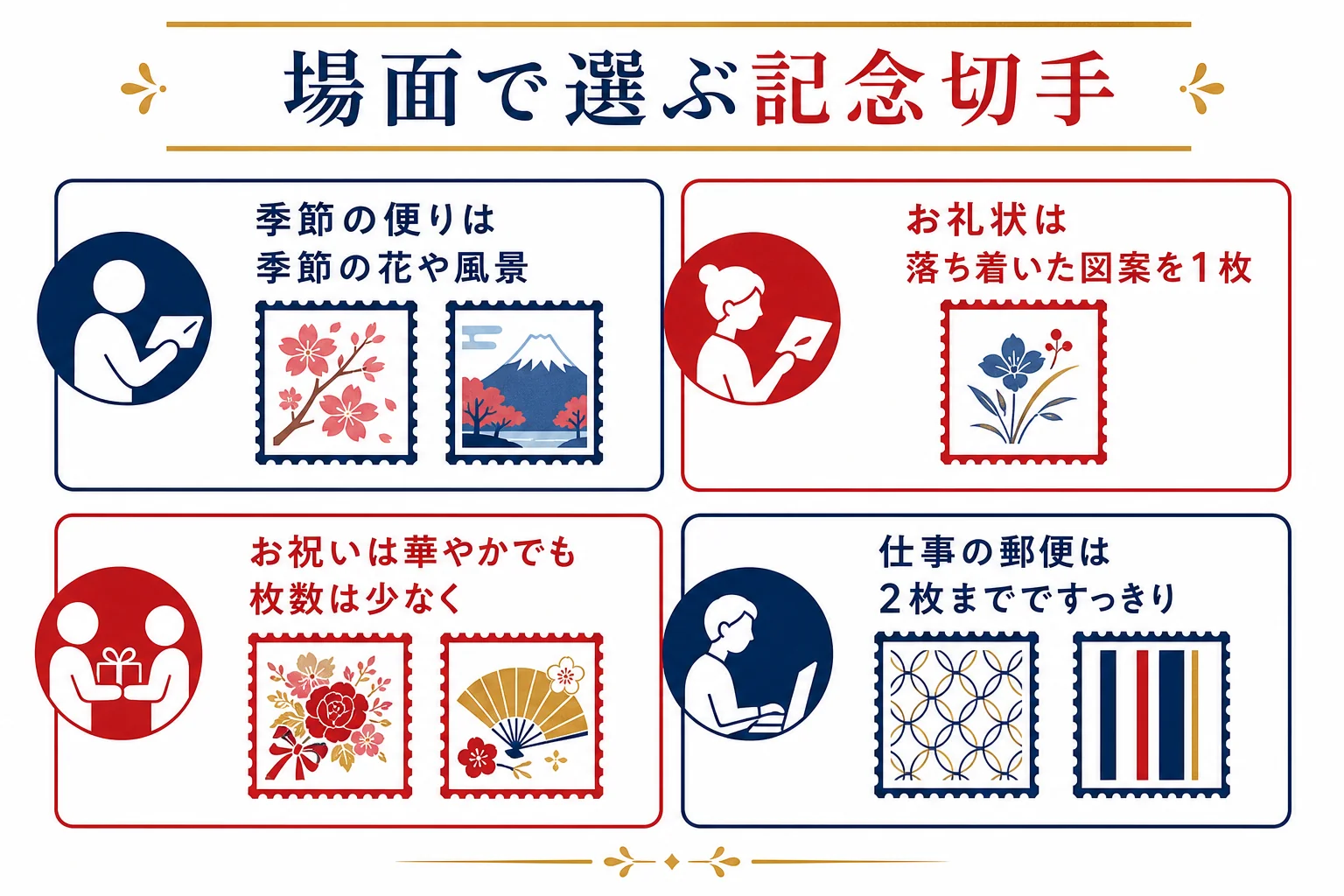 季節の便り・お礼状・お祝い・仕事の郵便の4つの場面ごとに、似合う記念切手と貼る枚数の目安を分けた図解