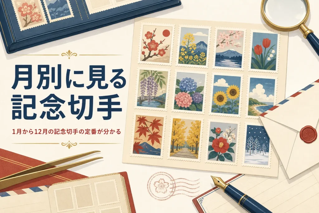 記念切手を1月から12月まで月別に紹介する記事のアイキャッチ