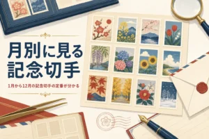 記念切手を1月から12月まで月別に紹介する記事のアイキャッチ