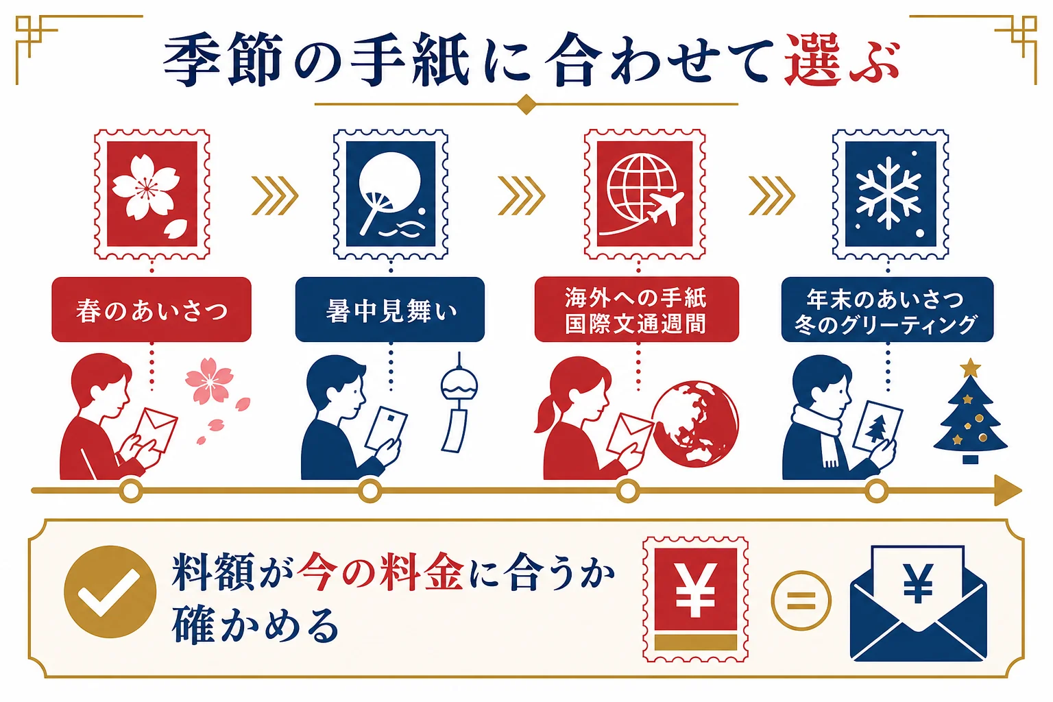 出したい季節の手紙に合わせて、その月の定番の記念切手を選ぶ流れを示した図解