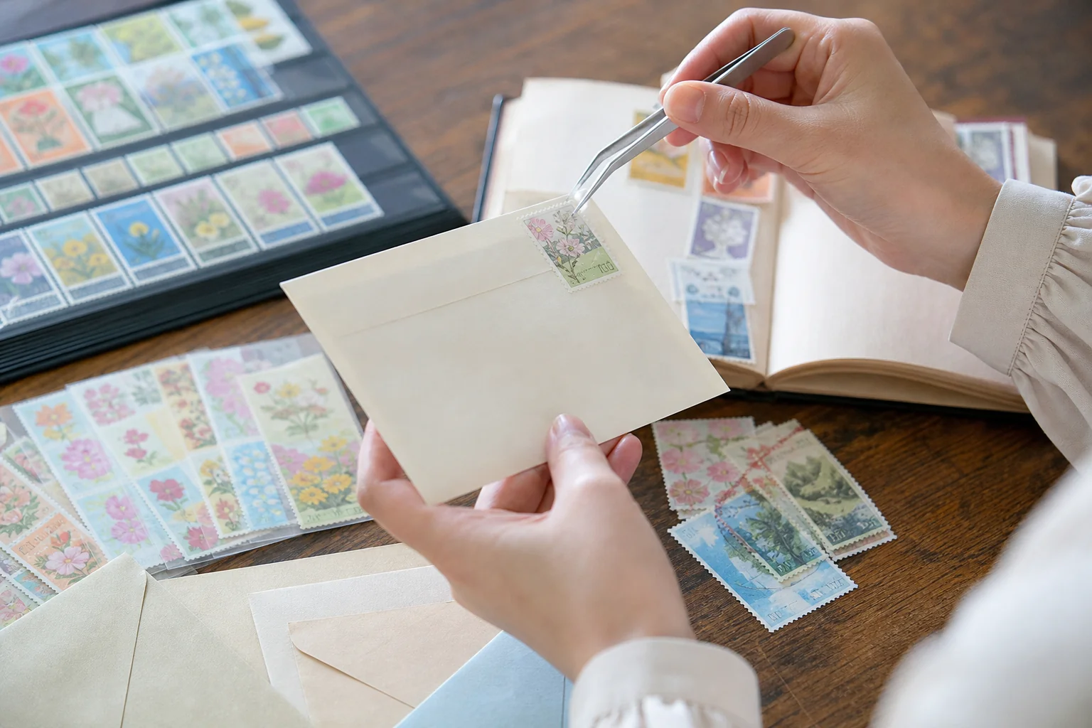 季節の花を描いた記念切手を貼った封筒と便せんの写真風イメージ