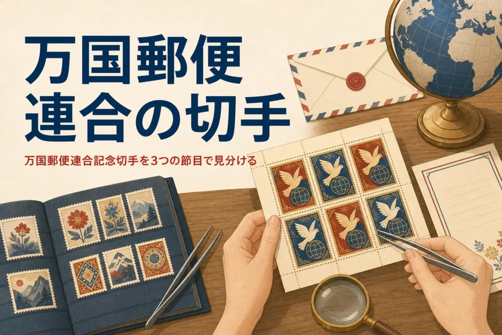 地球儀と封筒、古い記念切手を並べた、万国郵便連合記念切手の記事のアイキャッチ