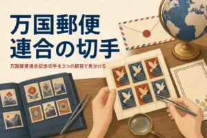 地球儀と封筒、古い記念切手を並べた、万国郵便連合記念切手の記事のアイキャッチ