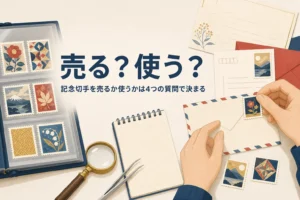 記念切手を売るか使うかで迷った時の判断表を紹介する記事のアイキャッチ