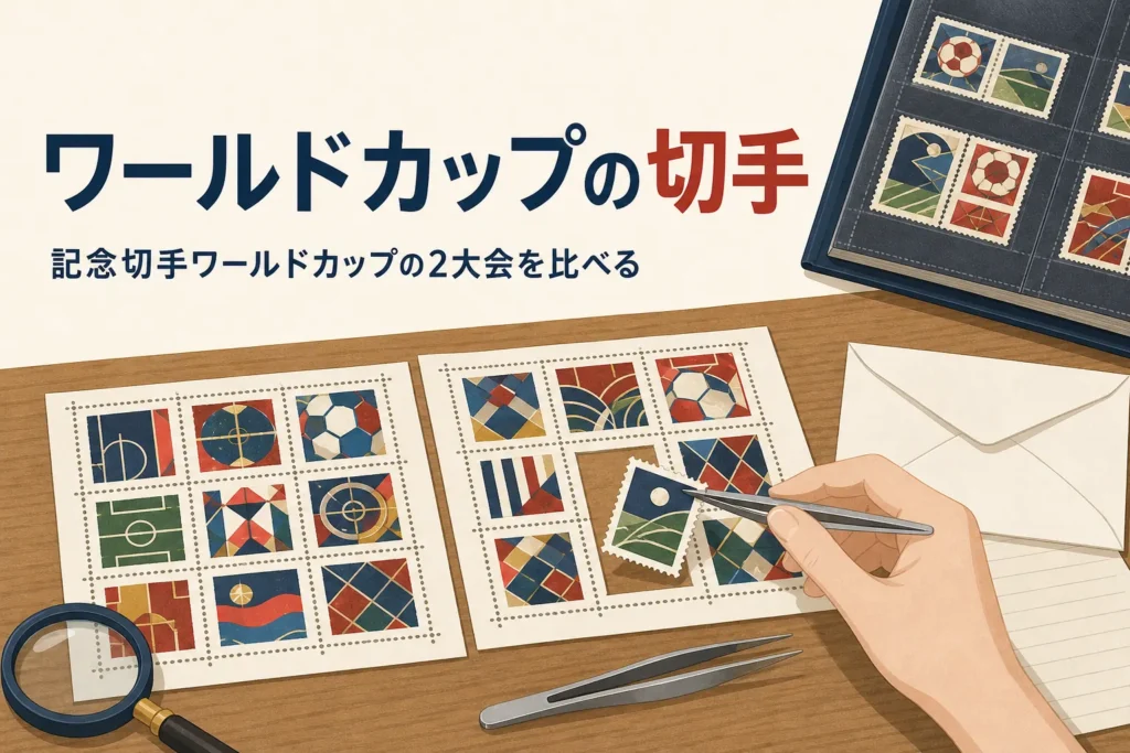 架空のボールや芝の図案の切手シートを2枚並べた、ワールドカップの記念切手の記事のアイキャッチ