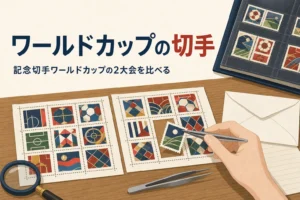 架空のボールや芝の図案の切手シートを2枚並べた、ワールドカップの記念切手の記事のアイキャッチ