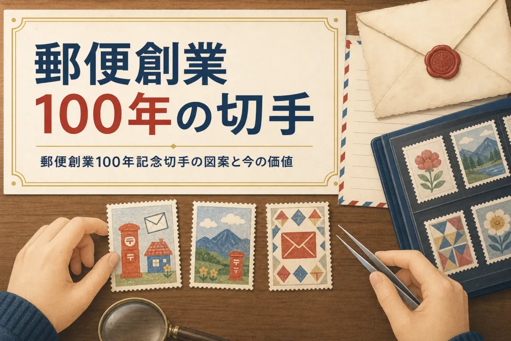 子どもの絵のような切手と古い封筒を並べた、郵便創業100年記念切手の記事のアイキャッチ