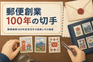 子どもの絵のような切手と古い封筒を並べた、郵便創業100年記念切手の記事のアイキャッチ