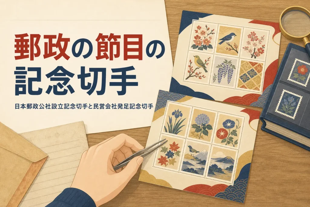花鳥の和風の切手シートと封筒を並べた、日本郵政公社設立記念切手の記事のアイキャッチ