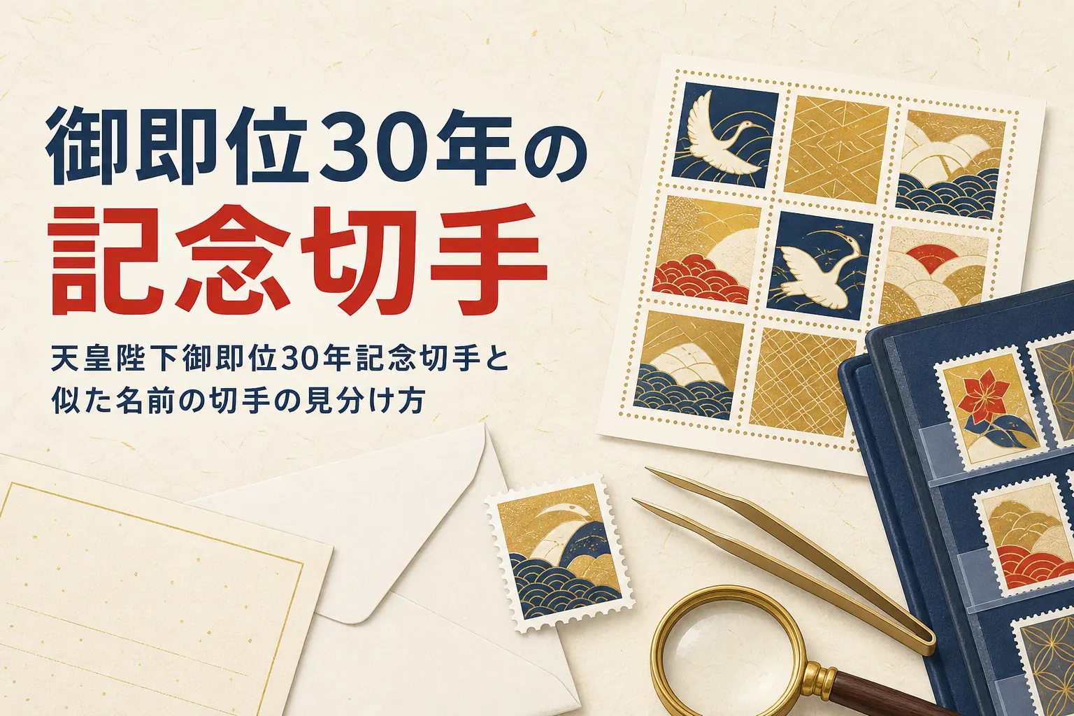 天皇陛下御即位30年記念切手と名前の似た記念切手の見分け方を紹介する記事のアイキャッチ